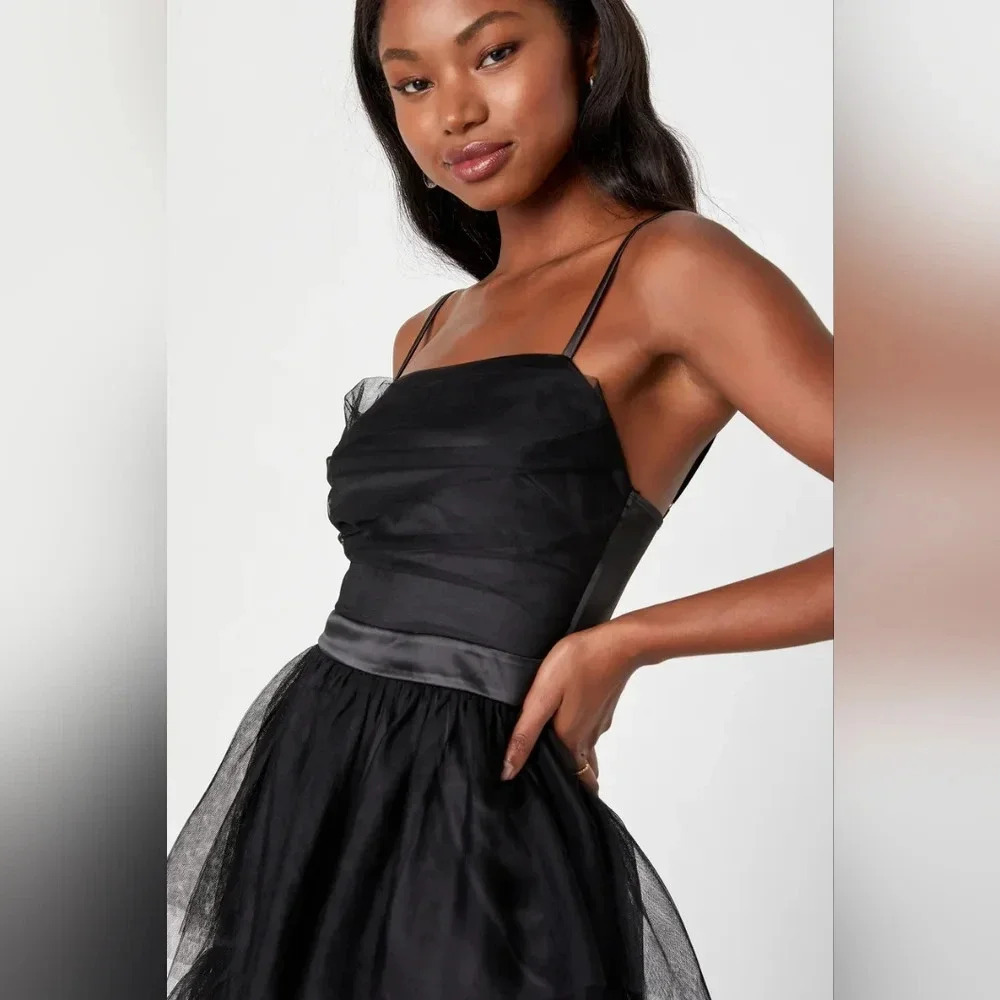 Lulus Sultry Sweetness Black Tiered Tulle Maxi Dress M Wedding Party Guest Dark - Picture 4 of 11